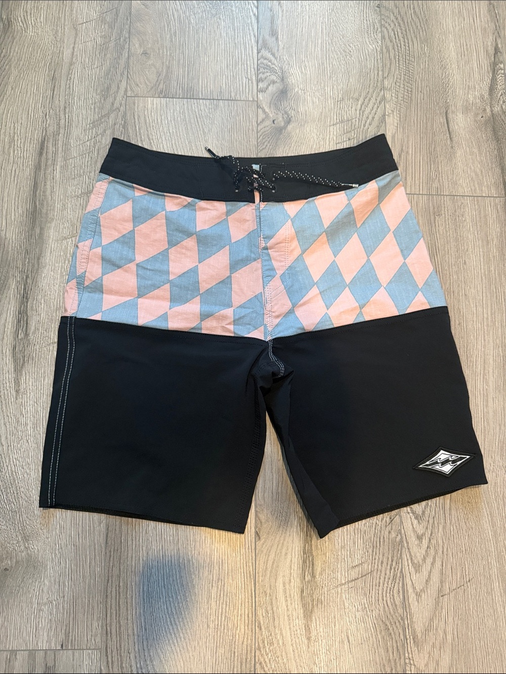 Billabong Black Swim Trunks with Pink & Light Blue Diamond Waist